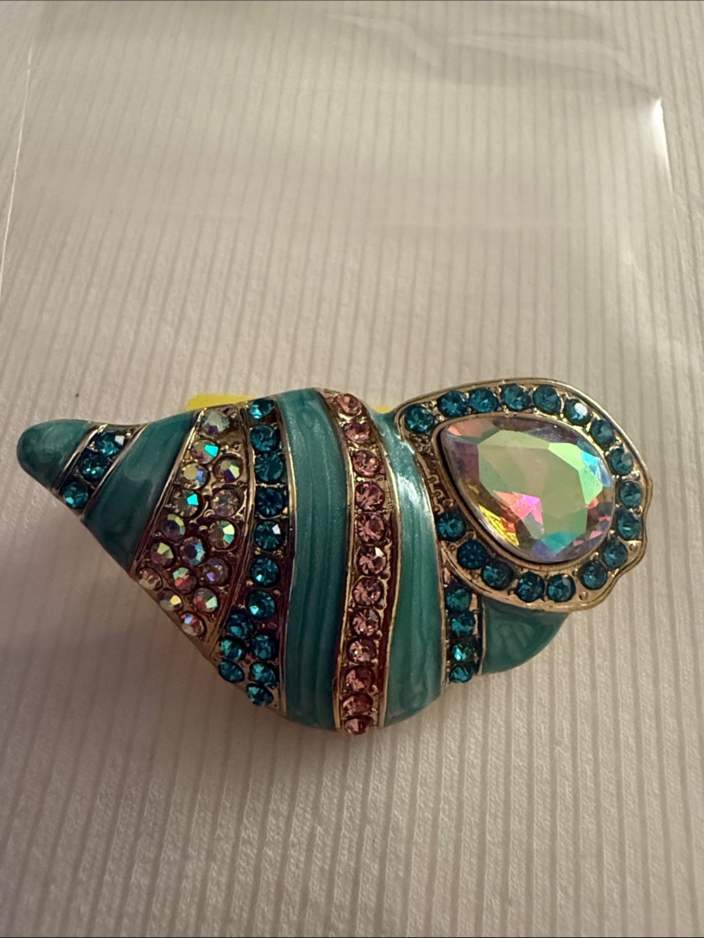 Gold-Tone Teal Shell Brooch with Iridescent Teardrop Crystal